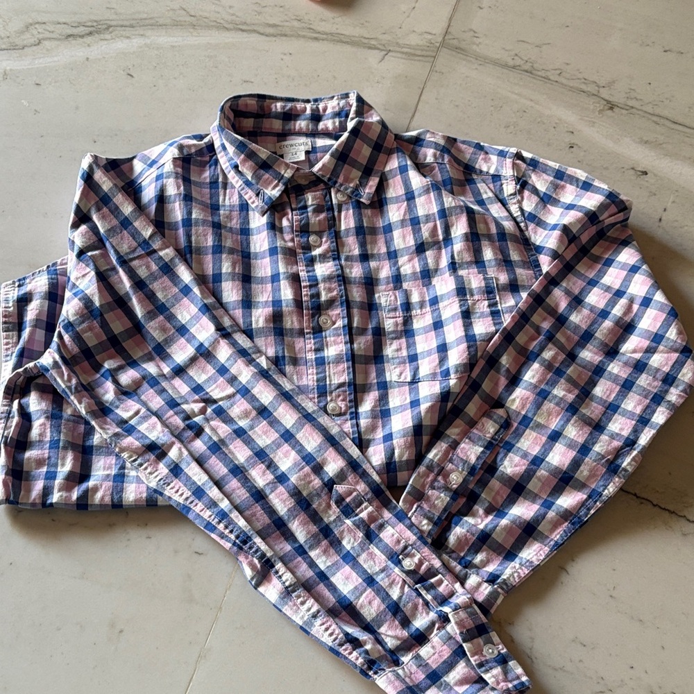 Crewcuts Kids Plaid Button Down Shirt - Blue and Pink
